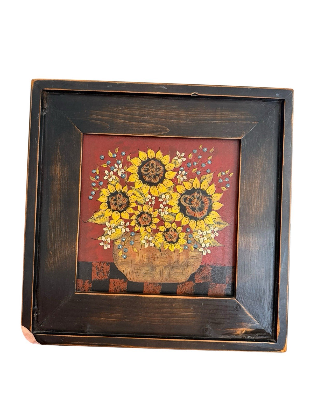 Folk Art Sunny Sunflowers Framed Picture Lisa Hilliker Signed Farmhouse Decor