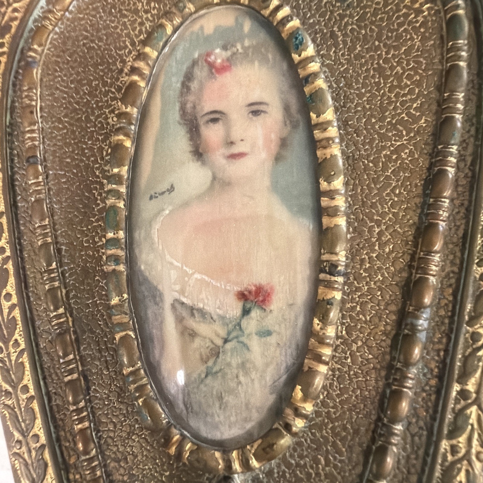 Antique 1920s Apollo Studios Ormolu Hair Brush Gilt Bronze Bubble Glass Portrait Antique 1920s Apollo Studios Ormolu Hair Brush Gilt Bronze Bubble Glass Portrait
