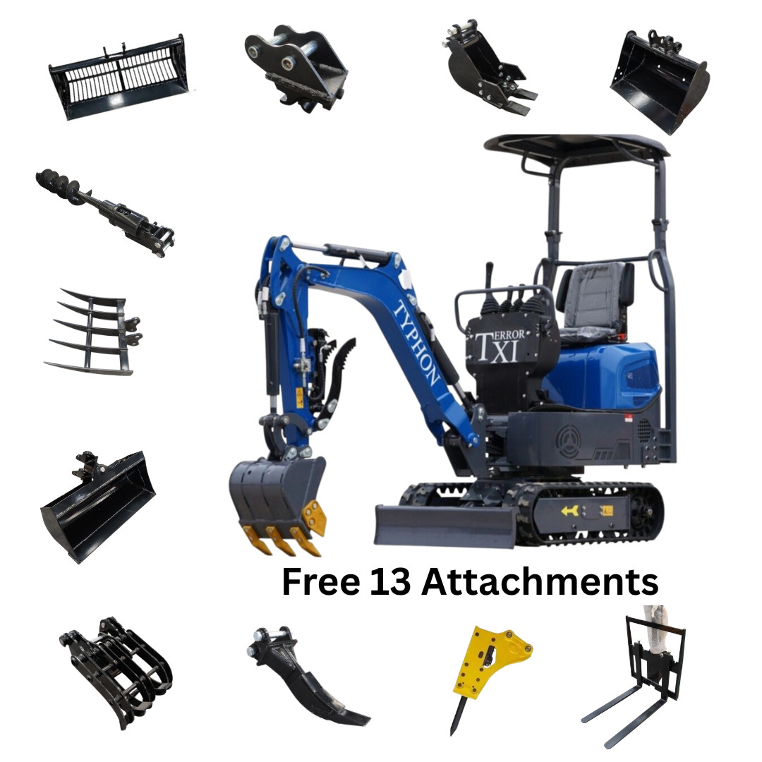 13 Attachments Bundle TERROR XI Mini Excavator Digger 13.5hp Gas B&S EPA Engine 13 Attachments Bundle TERROR XI Mini Excavator Digger 13.5hp Gas B&S EPA Engine