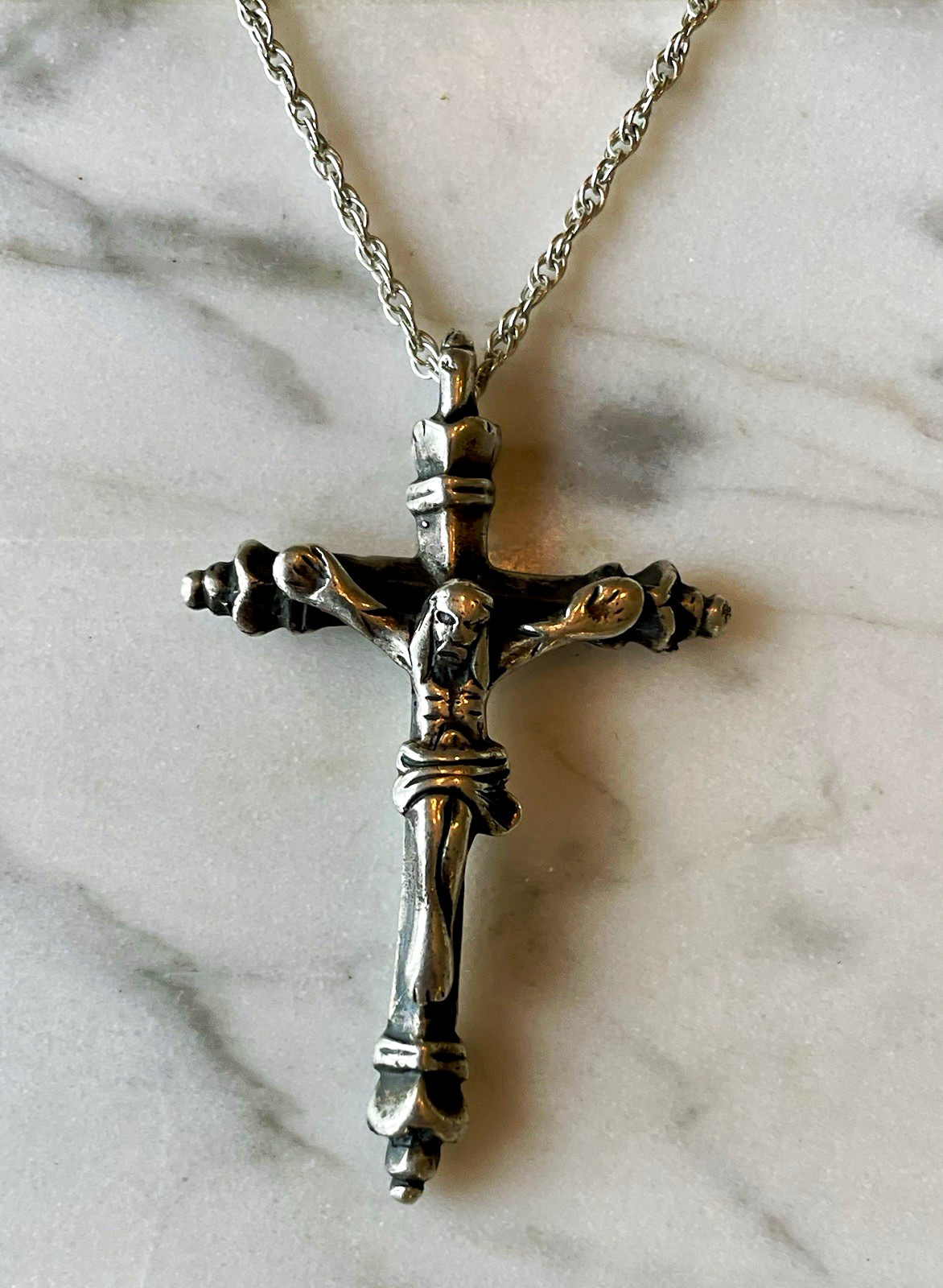 Vintage Handmade Silver Spanish Colonial Baroque Crucifix Pendant and Chain Vintage Handmade Silver Spanish Colonial Baroque Crucifix Pendant and Chain