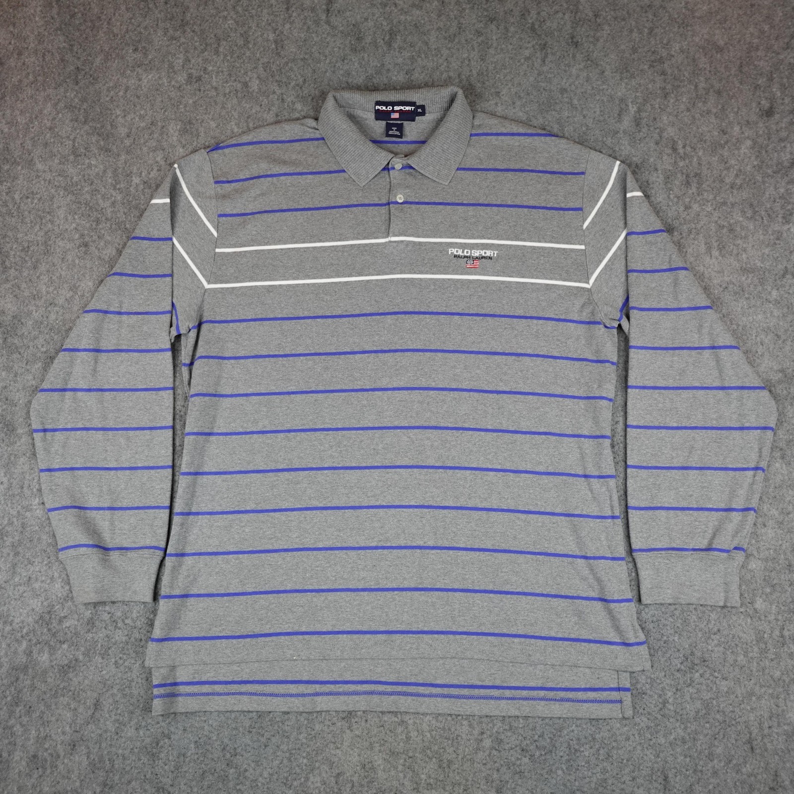 Vintage Polo Sport Ralph Lauren Rugby Shirt Mens XL Gray Striped Spell Out Y2K
