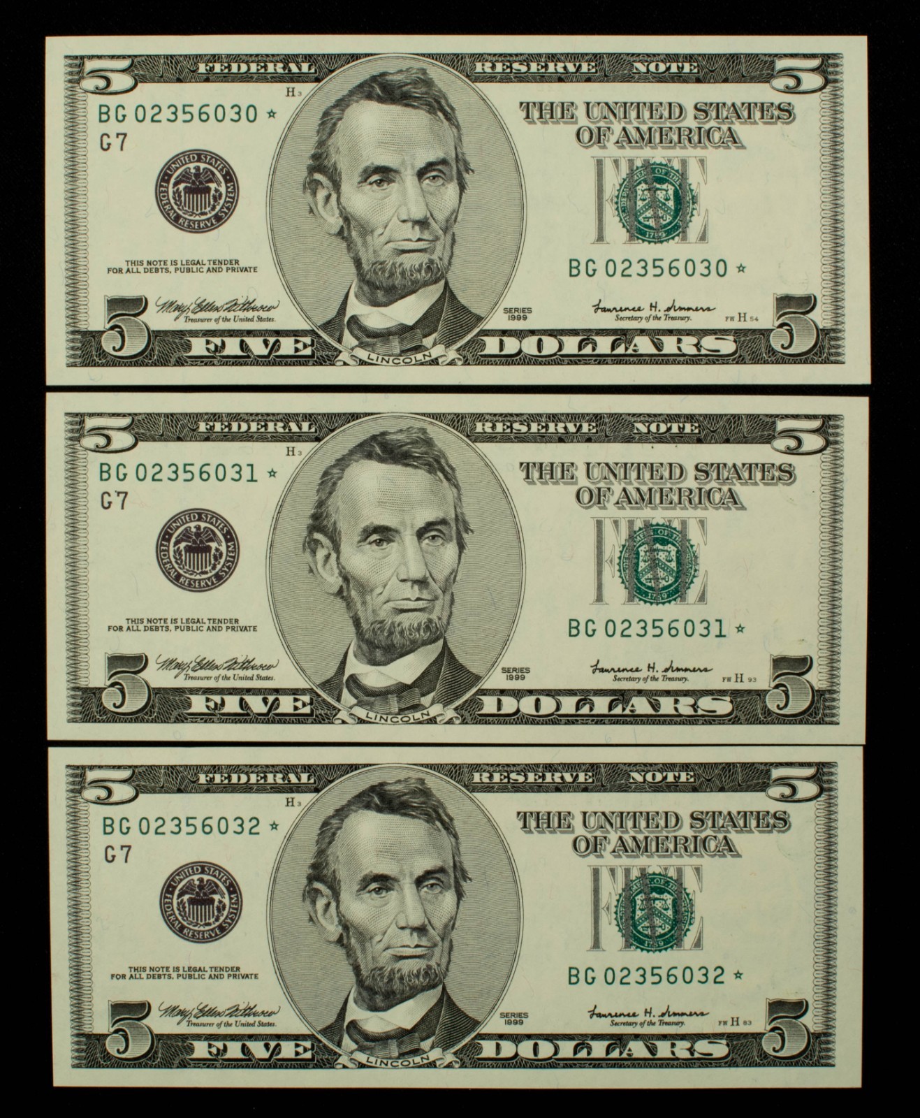 3 Consecutive 1999 $5 FRN US Federal Reserve Notes - FR1999G* Star -UNC- CA2304