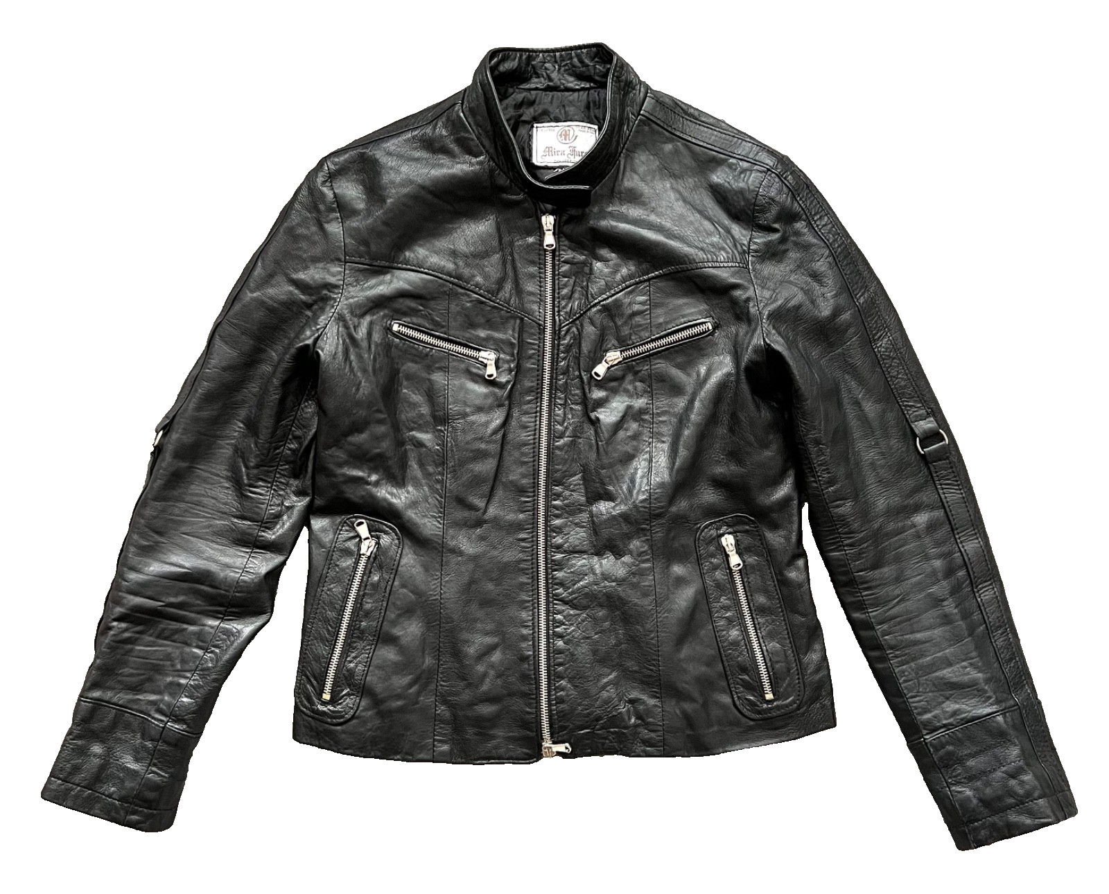 Vintage ITALIAN Real LEATHER BIKER JACKET Racer Moto Zips MIRA FURS Black UK 10