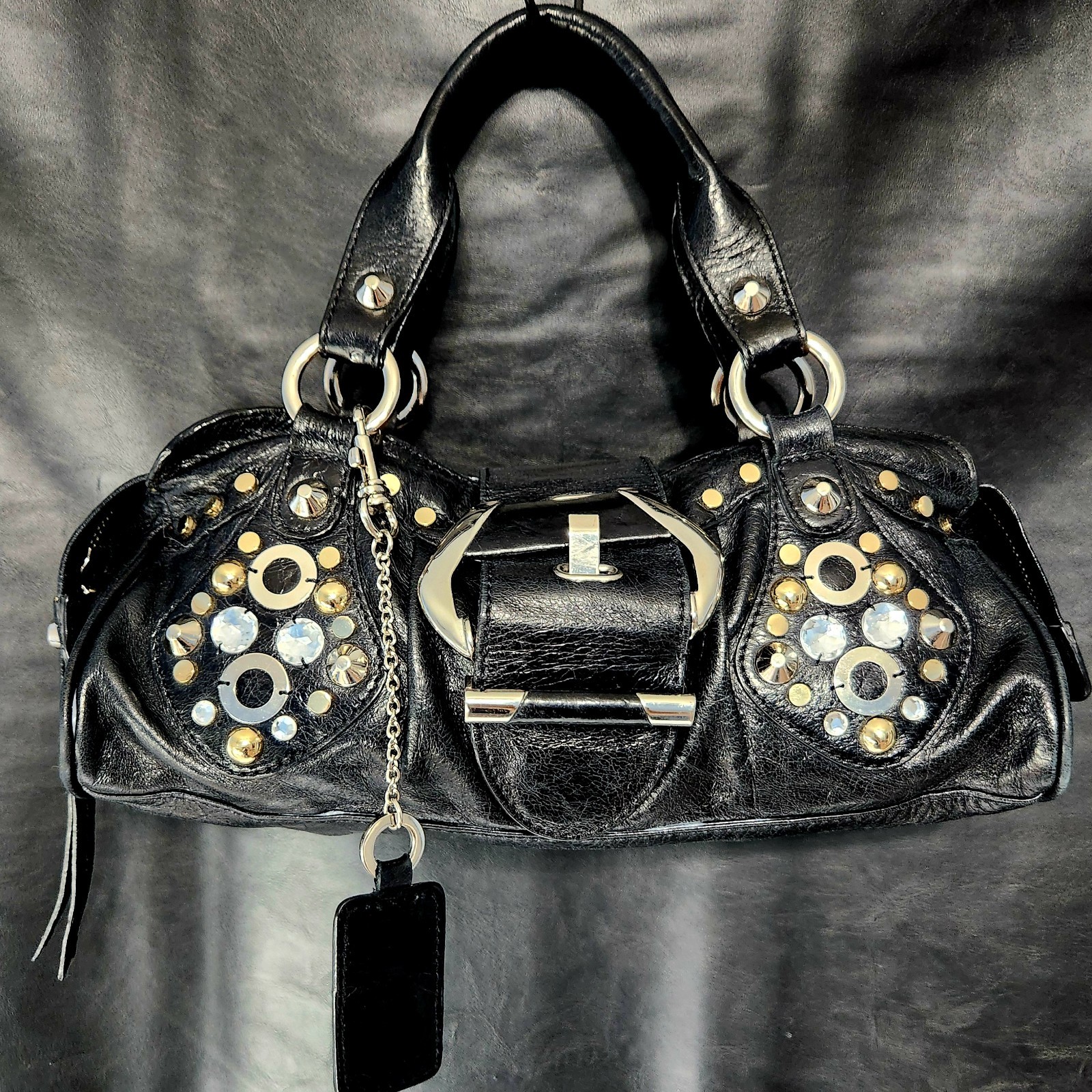  GUESS Y2K Handbag Black Studs Rhinestones McBling Moto Punk Satchel