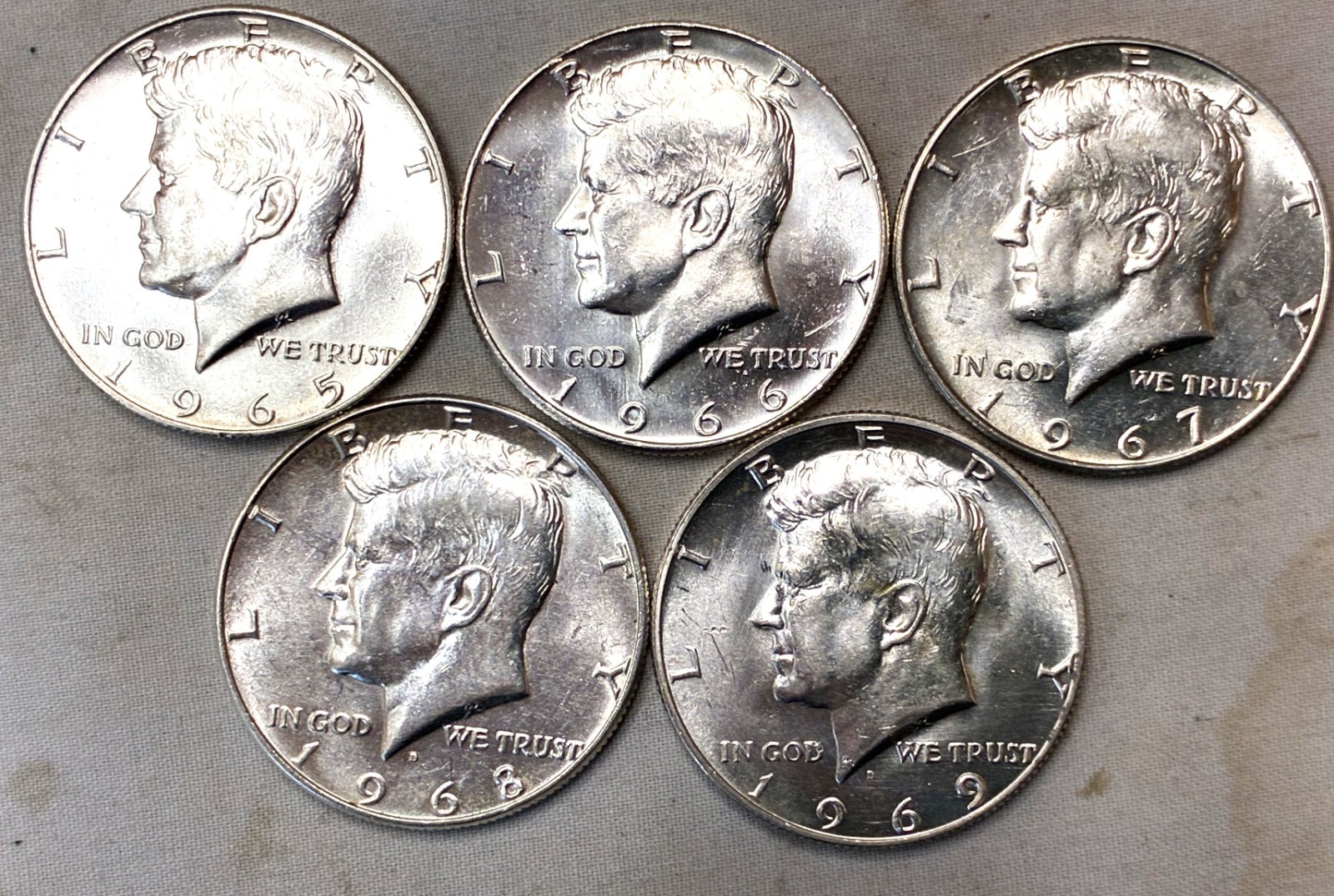 Kennedy Half Dollar 40%Silver Lot of 5, 1965- 1969 Uncirculated, All 3 SMS Halfs