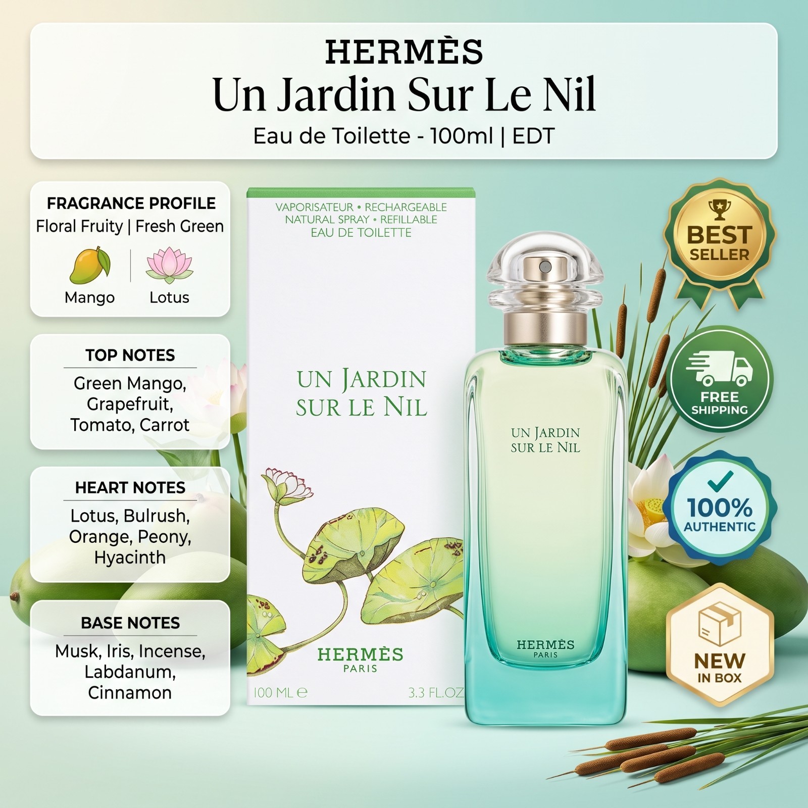 HERMÈS Un Jardin Sur Le Nil 3.3 oz EDT Perfume for Women Spray New Sealed