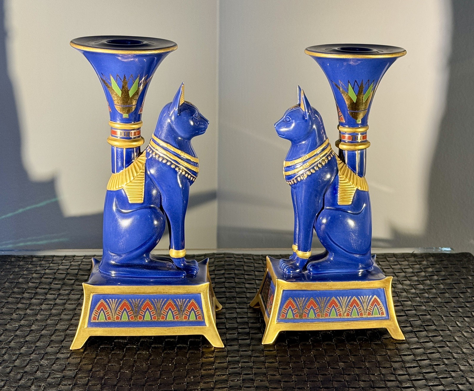 VTG Cat Golden Candlesticks Of Bast Porcelain 24K Gold Franklin Mint Egyptian 8” VTG Cat Golden Candlesticks Of Bast Porcelain 24K Gold Franklin Mint Egyptian 8”
