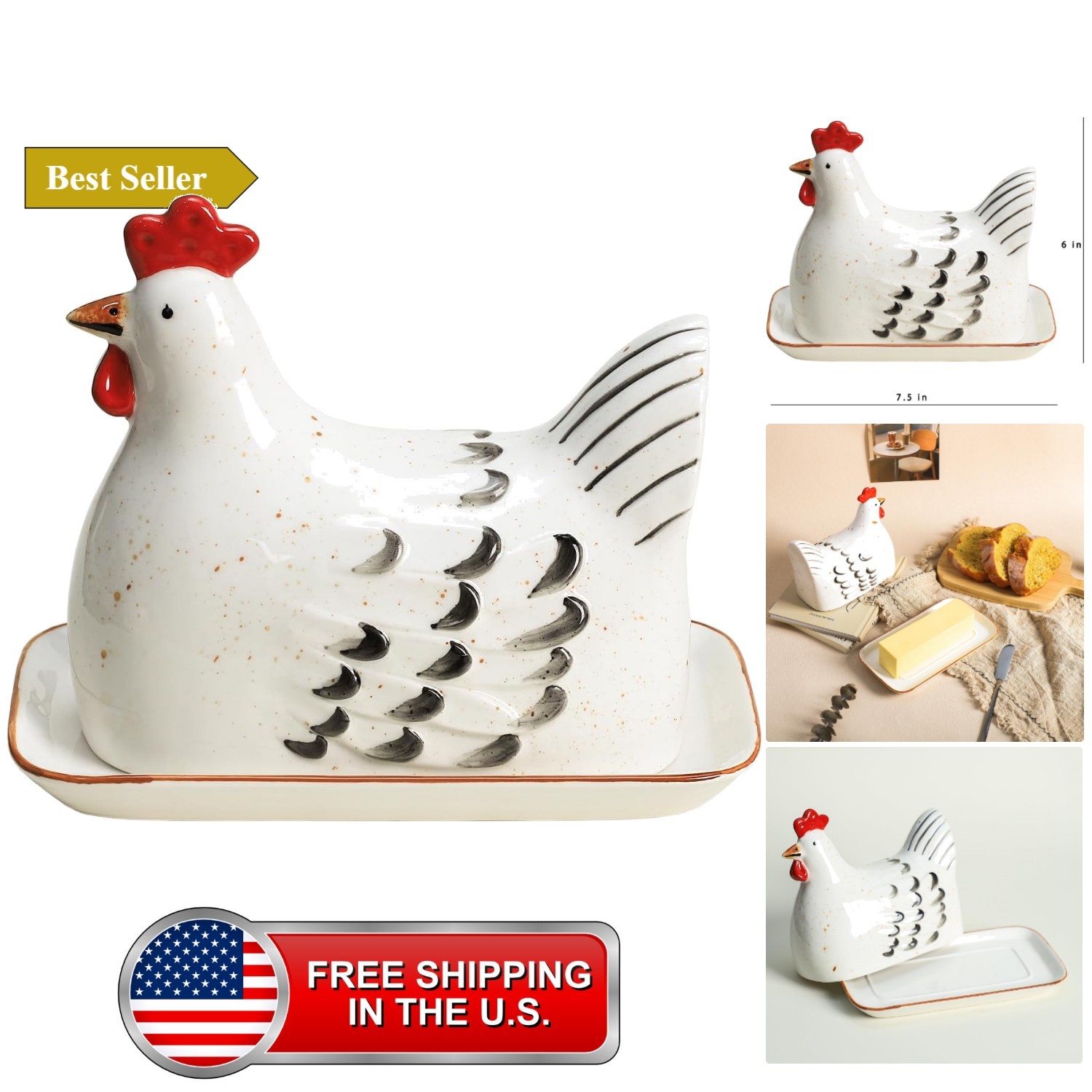 Retro Hen Ceramic Butter Dish with Lid Butter Keeper Butter Plate Tray for Ki... Retro Hen Ceramic Butter Dish with Lid Butter Keeper Butter Plate Tray for Ki...