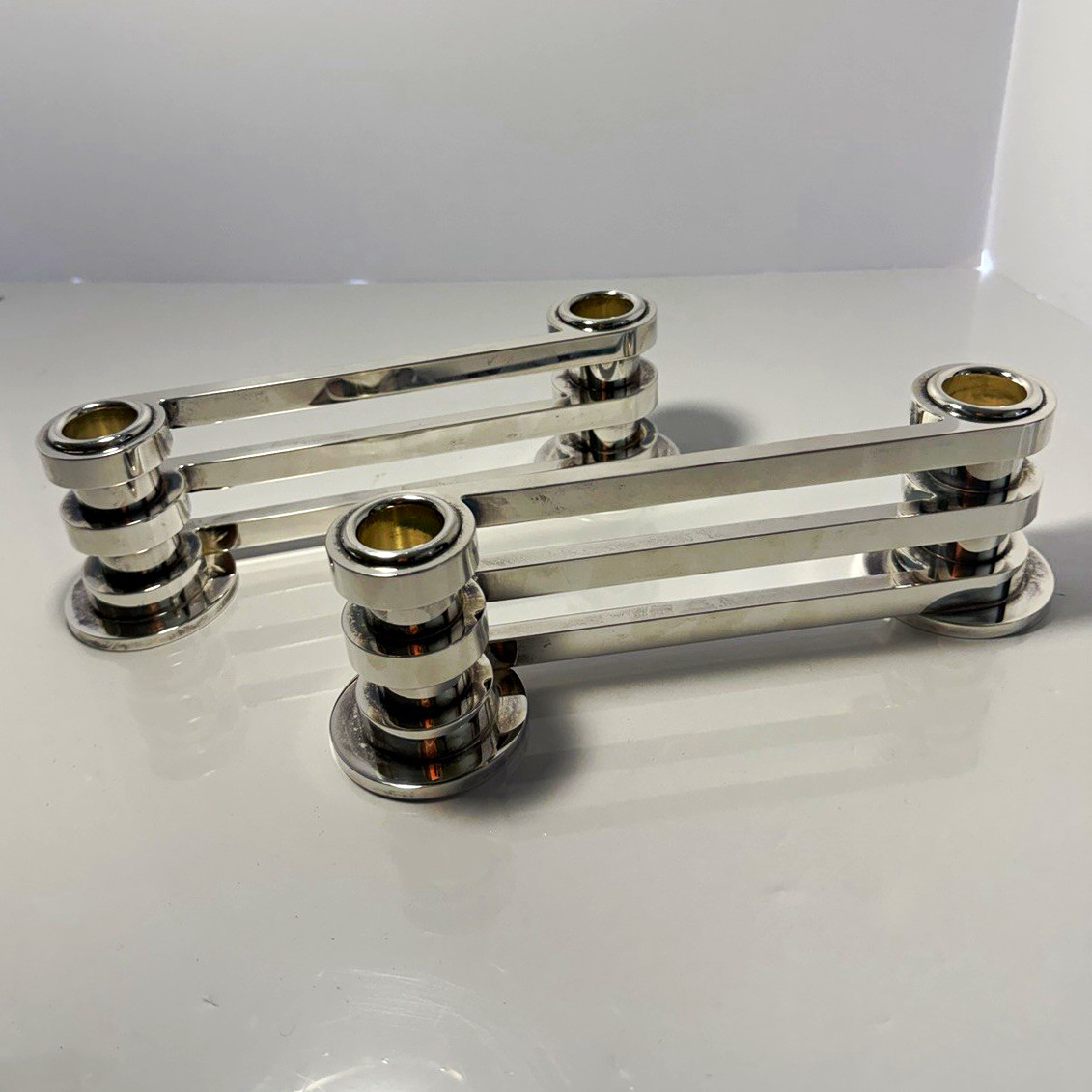 Pair Vintage Puiforcat France Ruban Silver Plated 2-Light Candleholders Signed
