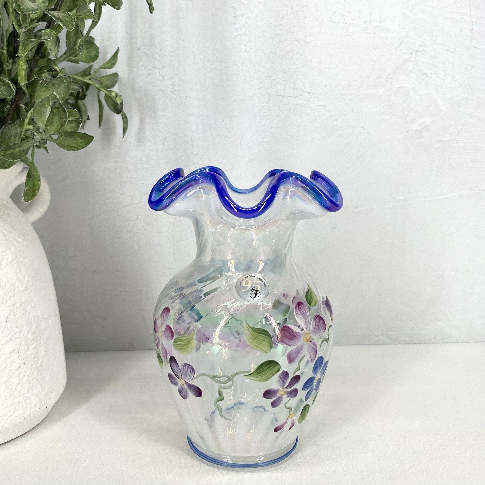 Fenton French Opal Iridescent Spiral Hand Painted Vase Signed 95th Anniversary