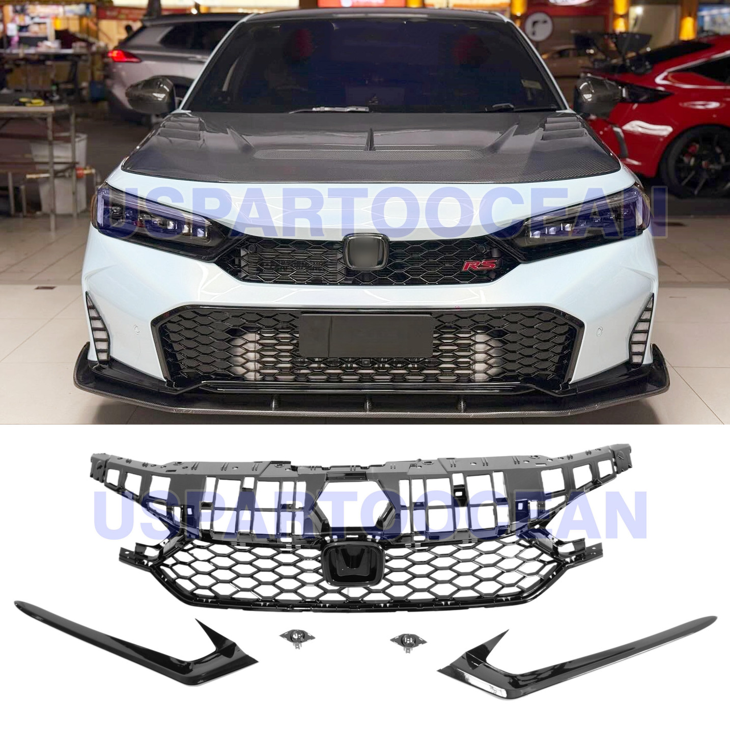FOR 2025-2026 HONDA CIVIC TYPE R STYLE HONEYCOMB FRONT UPPER GRILLE GLOSSY BLACK
