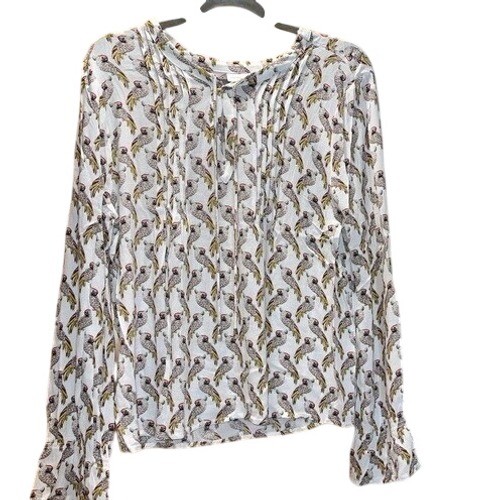 Womens Large Parrot Bird Print Blouse White Ruffle Cuff Boho Tropical Womens Large Parrot Bird Print Blouse White Ruffle Cuff Boho Tropical