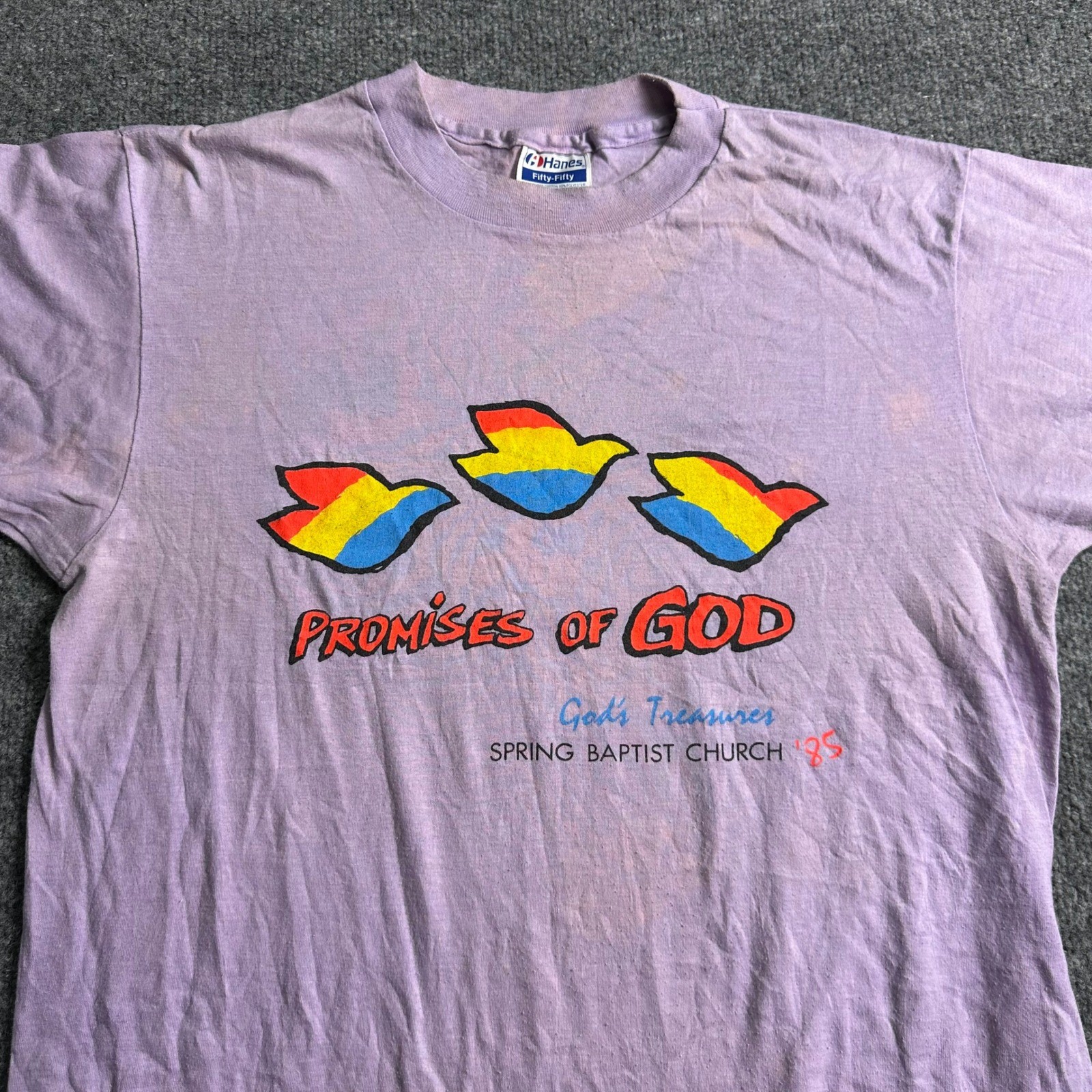 Hanes T-Shirt Mens Size L Purple Vintage 1985 Promises of God Graphic USA Made Hanes T-Shirt Mens Size L Purple Vintage 1985 Promises of God Graphic USA Made