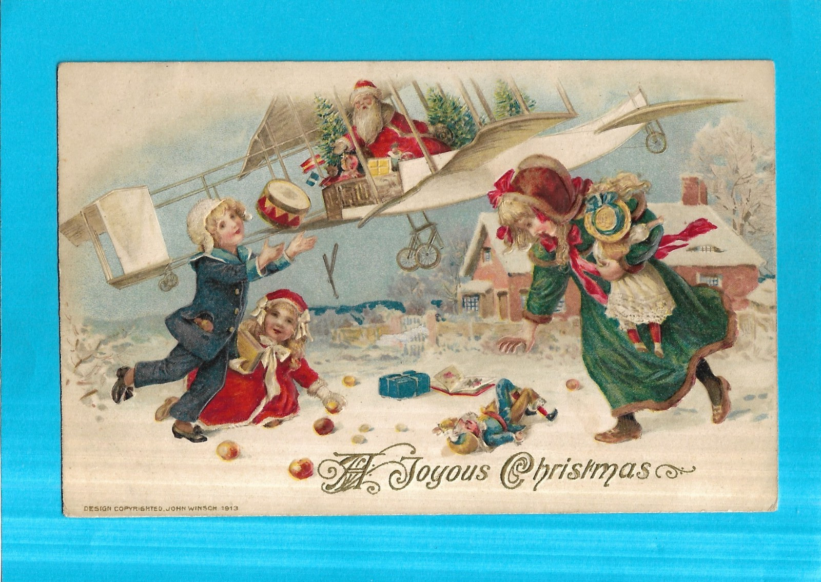 Holiday Postcard-A Joyous Christmas-Santa Drops Gifts from Bi-Plane-Winsch-1913