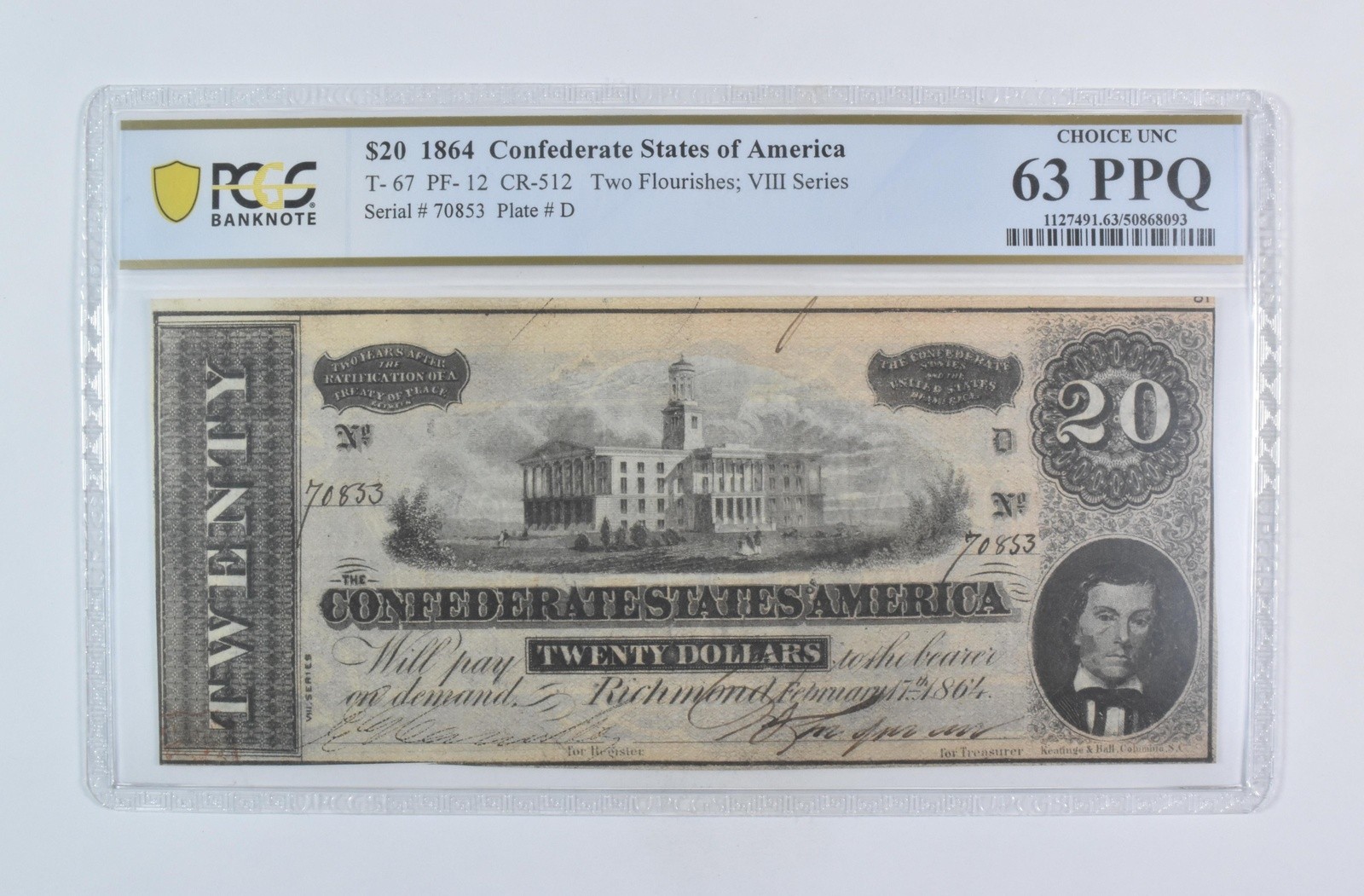 1864 $20 Confederate States T-67 PF-12 CR-512 Choice Unc 63 PPQ PCGS *5872