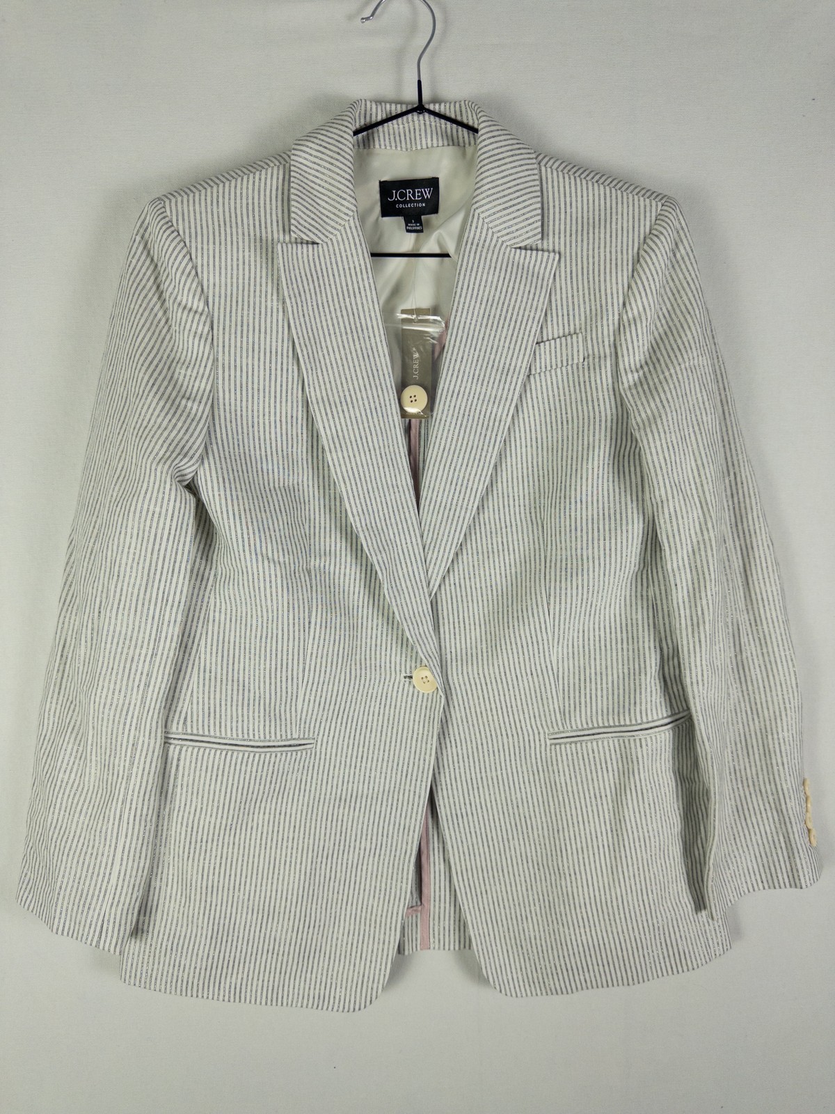 J.Crew Collection Linen Blazer Womens 2 White Gray Striped One Button Preppy Coa J.Crew Collection Linen Blazer Womens 2 White Gray Striped One Button Preppy Coa