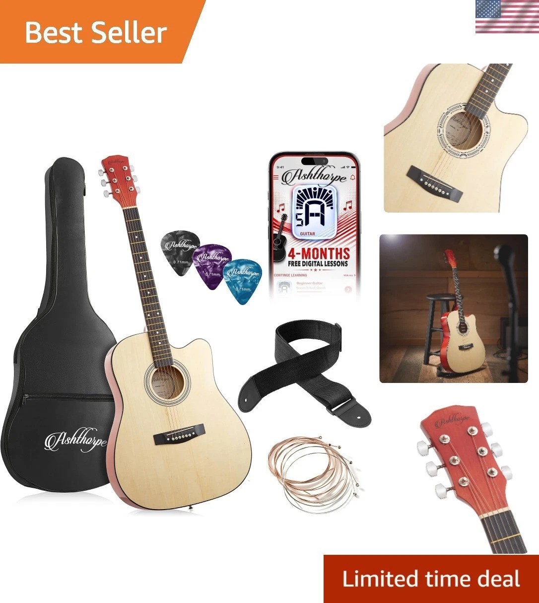 41-inch Beginner Cutaway Acoustic Guitar Natural, Full Size Basic Starter Kit... 41-inch Beginner Cutaway Acoustic Guitar Natural, Full Size Basic Starter Kit...