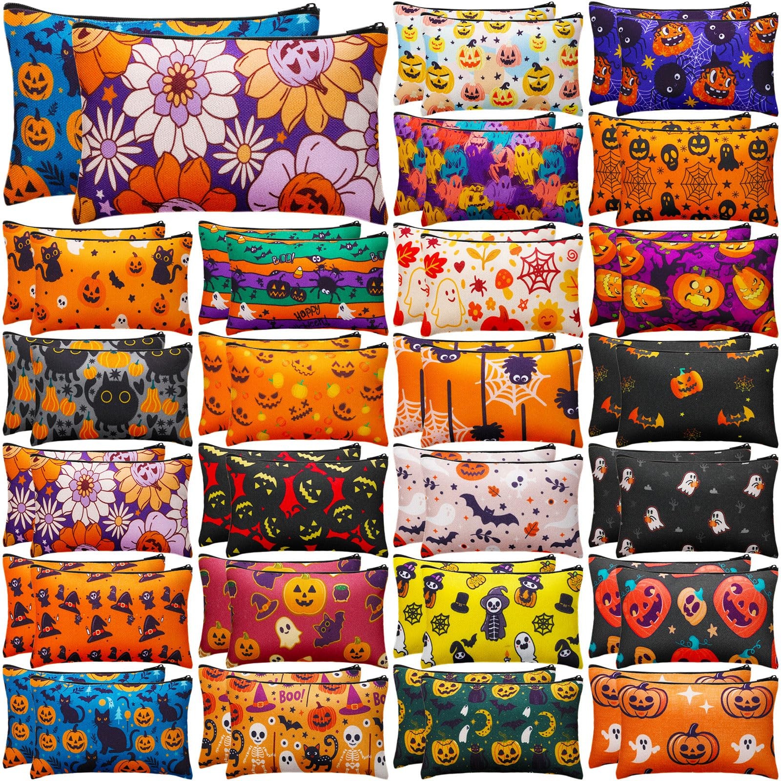 48 Pcs Halloween Makeup Bags Bulk Canvas Zipper Pouch Horror