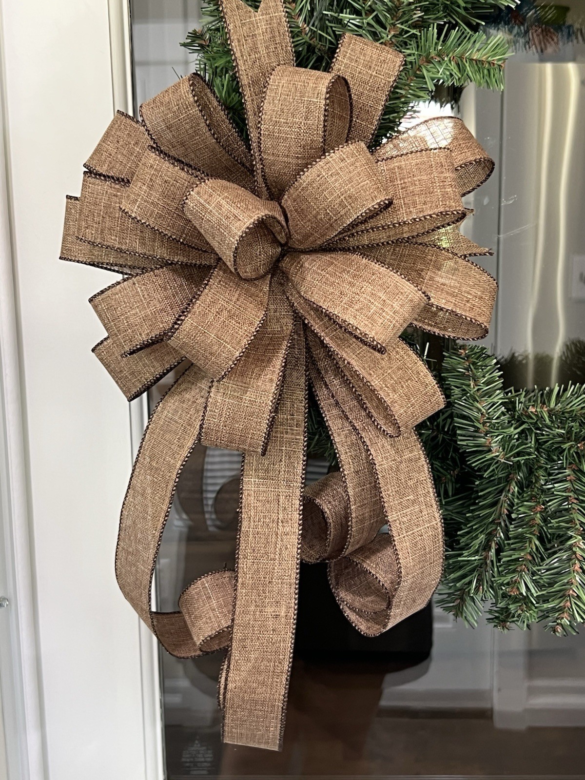 Handmade Dark Brown Rustic Burlap Holiday Bow 10 x 20 in. Wreath Swag Bow