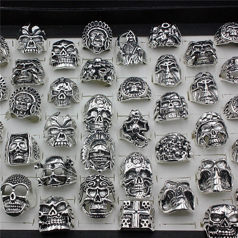 Wholesale 25pcs Lots Gothic Punk Skull Antique Silver Rings Mixed Style Jewelry