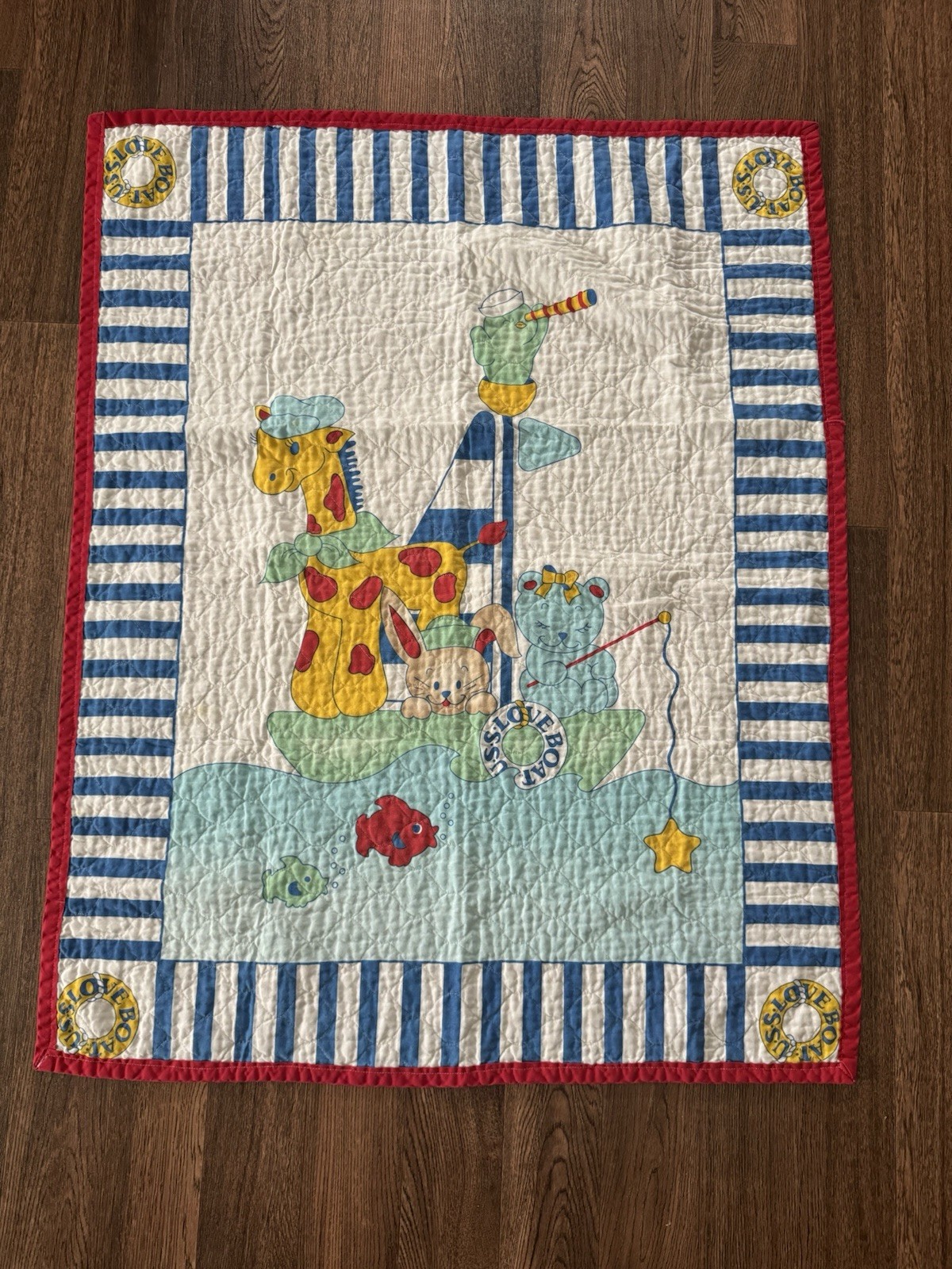 Vintage USS Love Boat Animals Baby Quilt Blanket Nautical Crib Giraffe Cat 32x41
