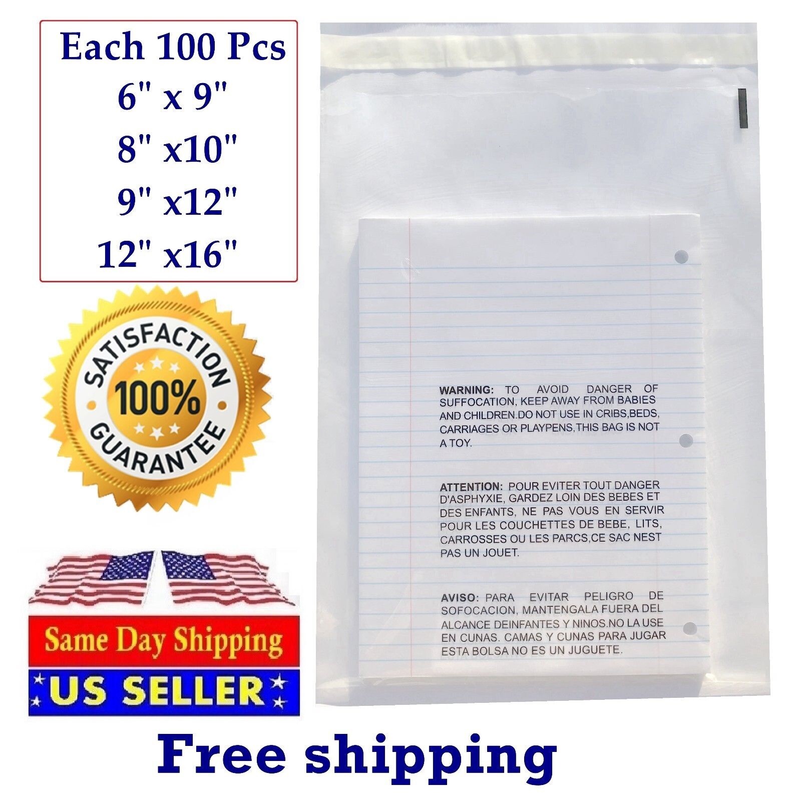 400 Clear Combo Suffocation Warning Poly Bags 6x9 8x10 9x12 12x16-ST ShipMailers