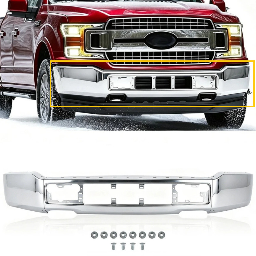 Chrome Steel Front Bumper Face Bar For 2018-2020 Ford F-150 W/O Sensor Holes