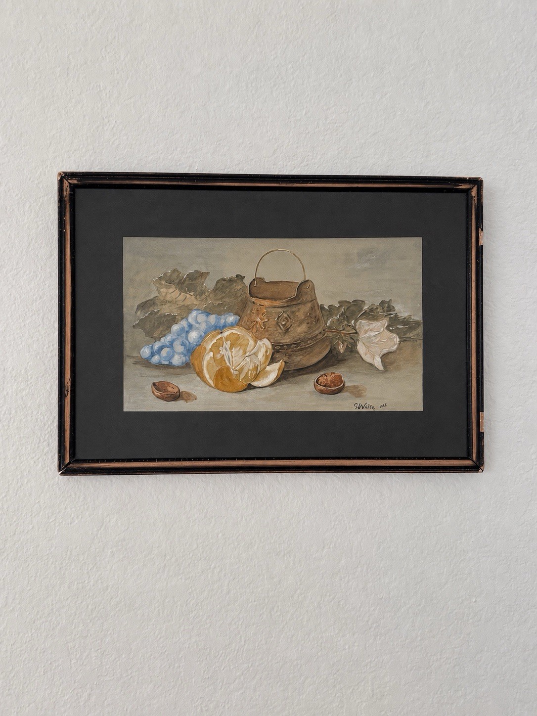 Antique 1926 British Still Life Original Watercolor Painting Fruit Copper Pot