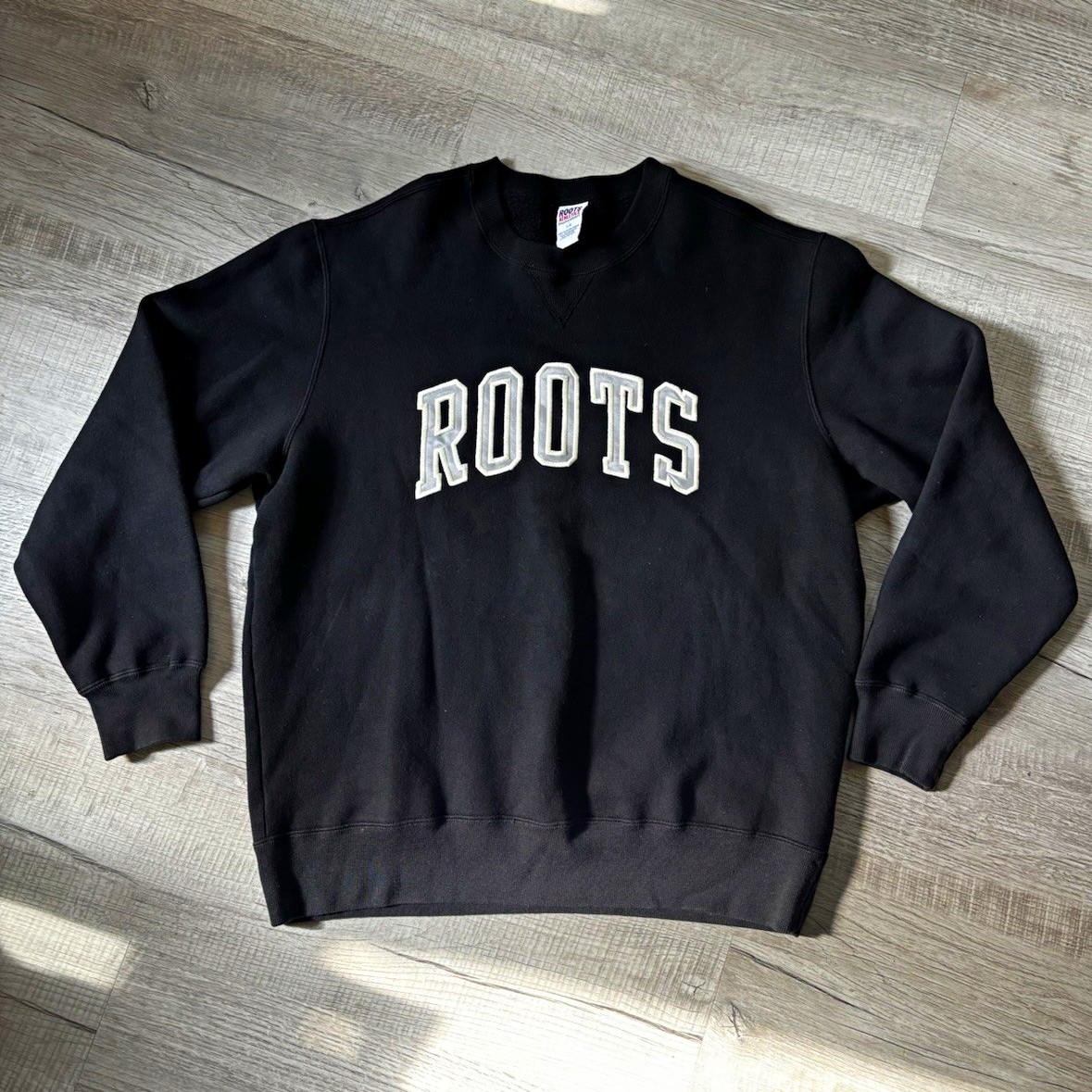 Vintage Roots Athletics Mens Black Fleece Crewneck ROOTS Sweatshirt Pullover L