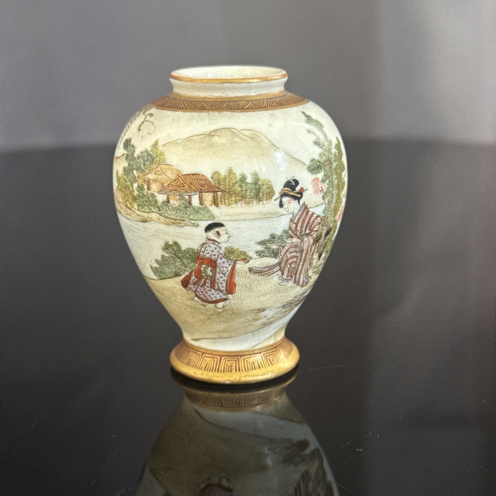 Antique Japanese Satsuma Miniature Vase, Kinkozan Mark, Meiji c1900,8cm