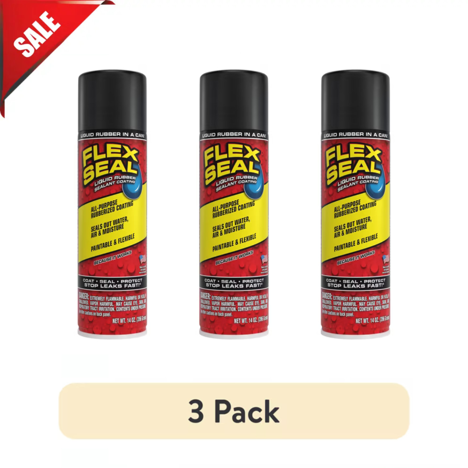 (3 pack) Flex Seal Aerosol Liquid Rubber Sealant Coating, 14 oz, Black