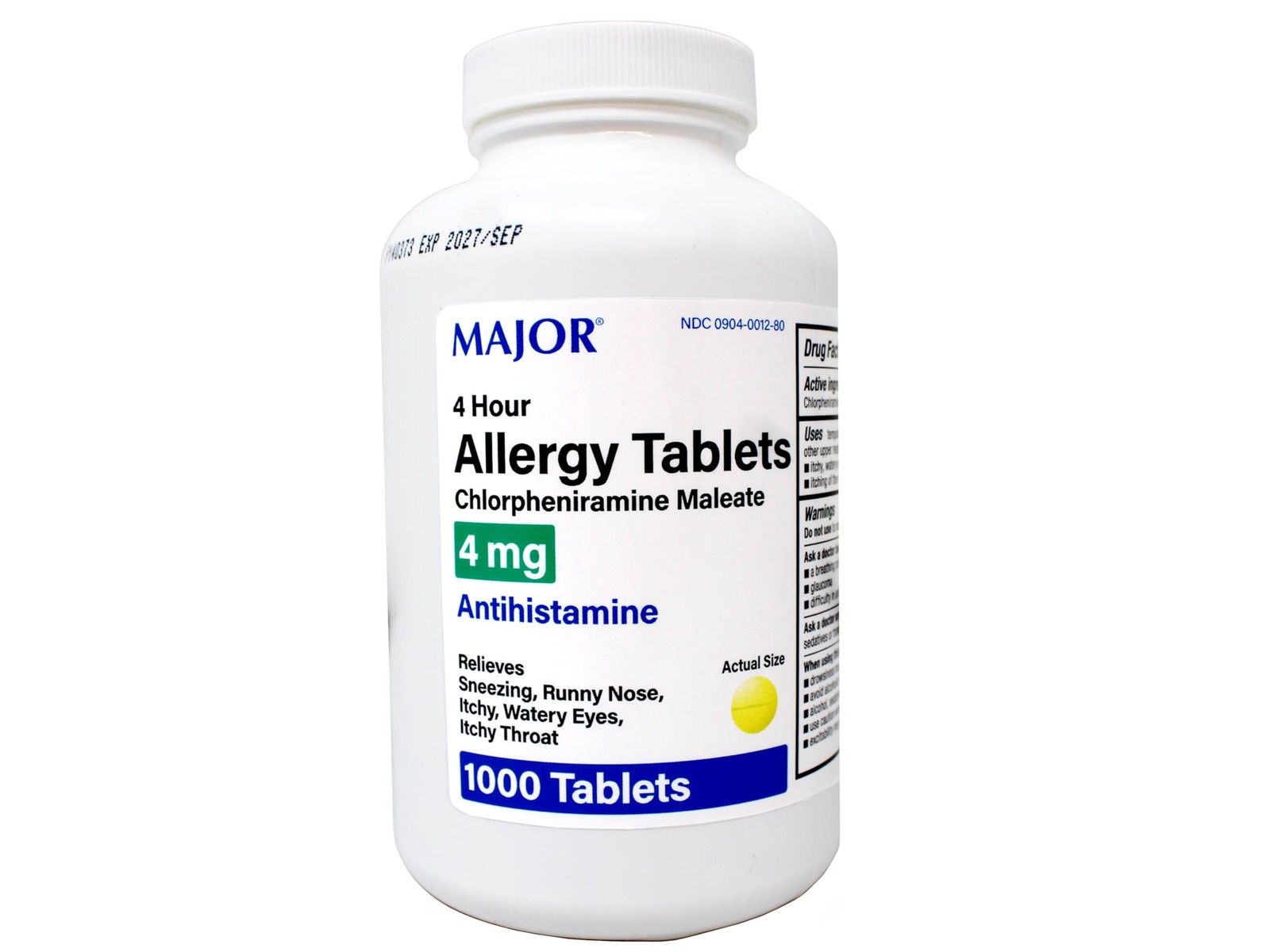 Major 1000 Count Allergy Tablets Chlorpheniramine Maleate 4mg Seasonal Relief Major 1000 Count Allergy Tablets Chlorpheniramine Maleate 4mg Seasonal Relief