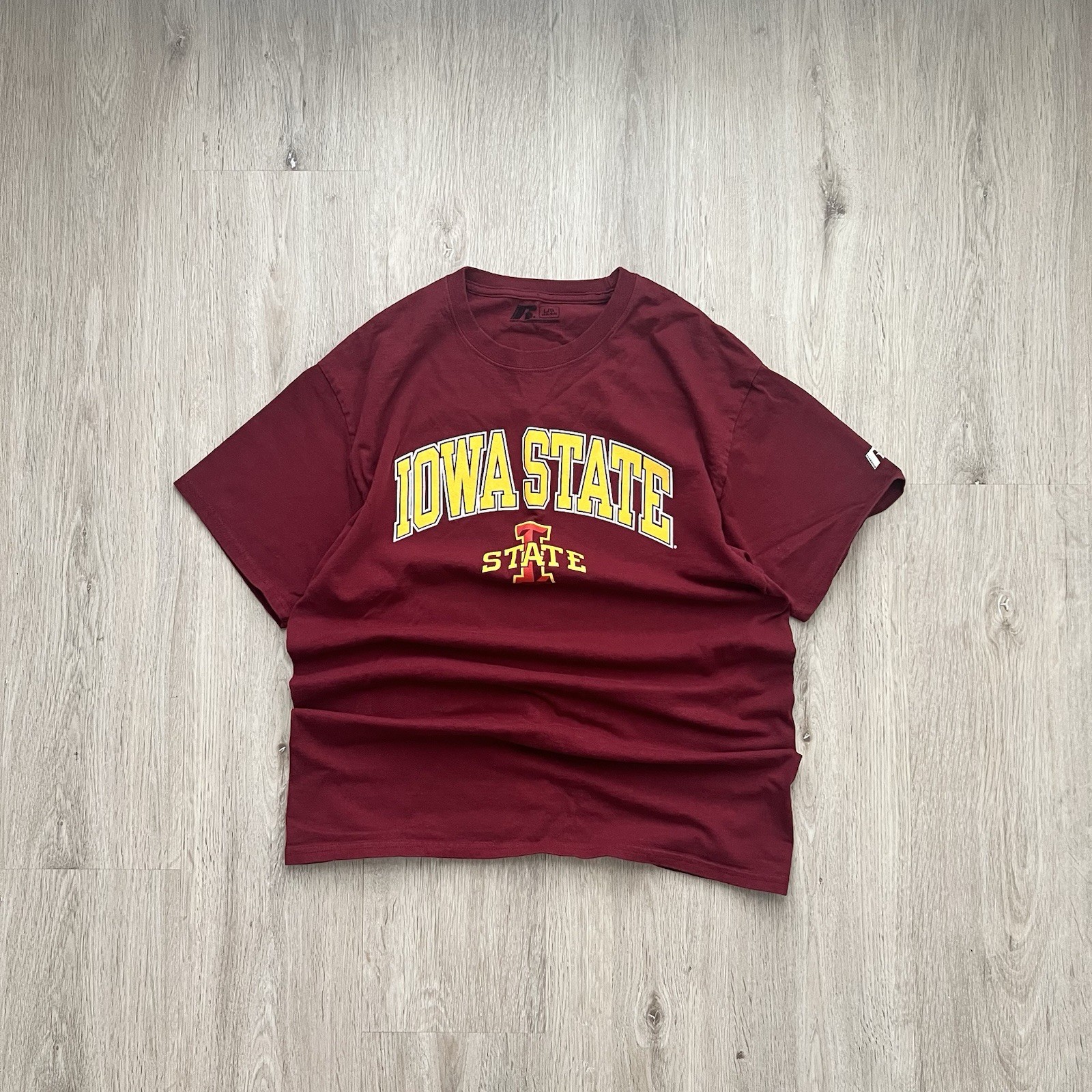 Iowa State Cyclones Shirt Mens Large L Red Yellow Russell Athletic Short Sleeve