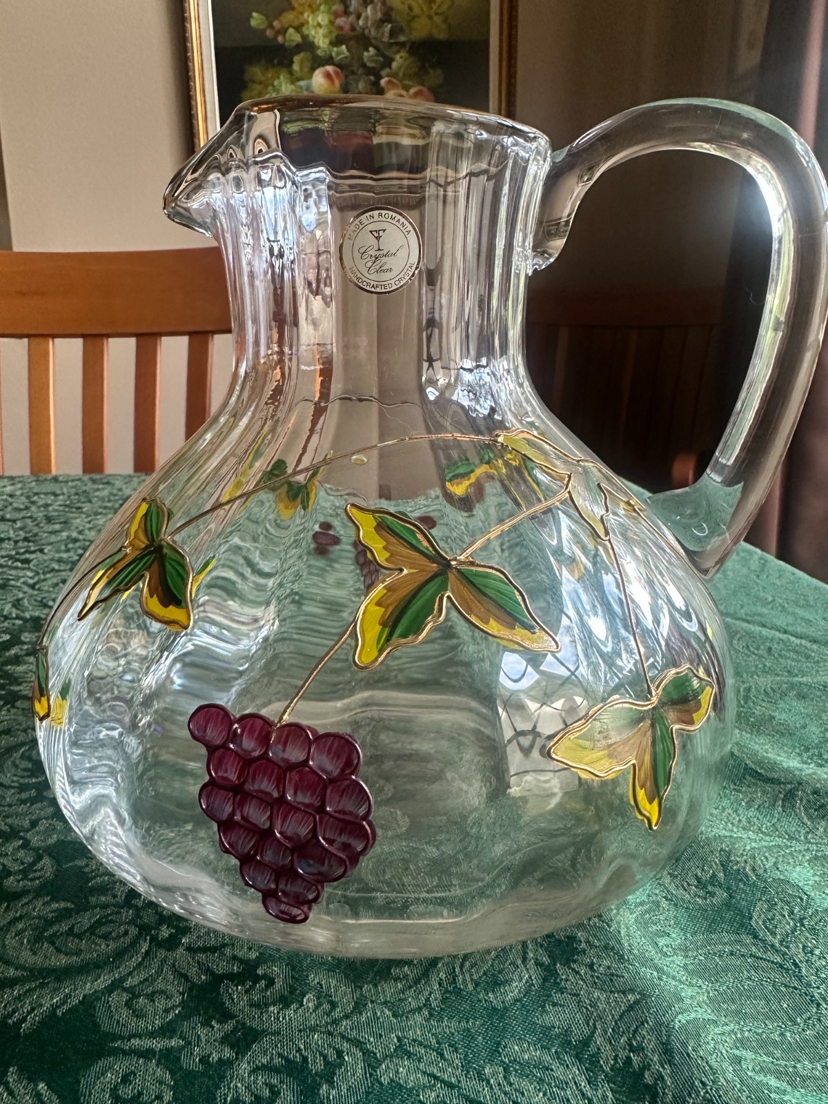 Crystal Clear Bordeaux 90 oz Glass Pitcher Grapes 22K Gold Romania