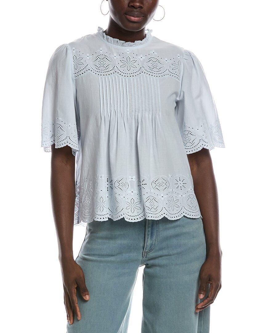 Madewell Embroidered Pintuck High Neck Top Women\'s Blue M