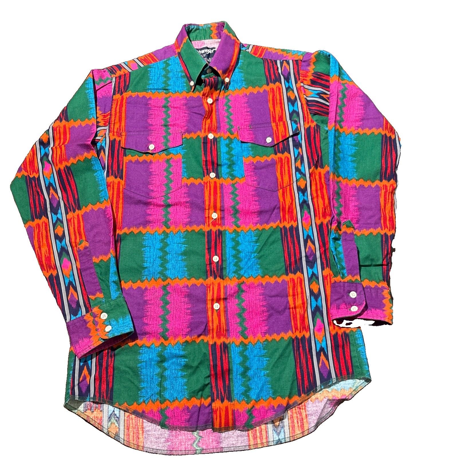 Vtg 90s Wrangler Cowboy Cut Aztec Western Shirt Mens 15 33 Long Tails USA Made Vtg 90s Wrangler Cowboy Cut Aztec Western Shirt Mens 15 33 Long Tails USA Made