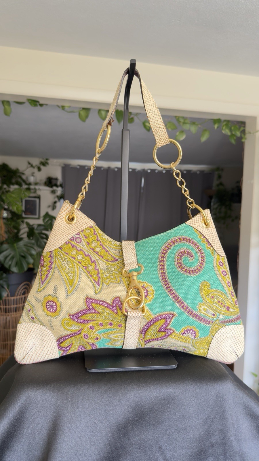 Vintage ETRO Milano Paisley Canvas Shoulder Bag Turquoise Gold Chain Hook Italy