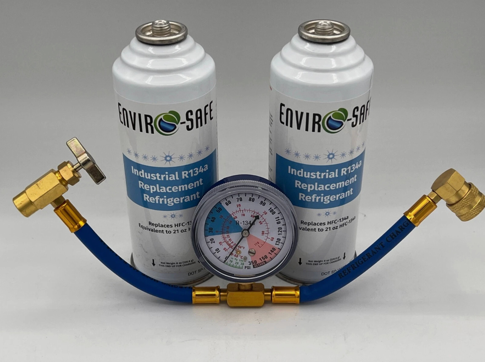 Envirosafe Auto AC Industrial R134a Replacement Refrigerant, 2 cans & Gauge New. Envirosafe Auto AC Industrial R134a Replacement Refrigerant, 2 cans & Gauge New.
