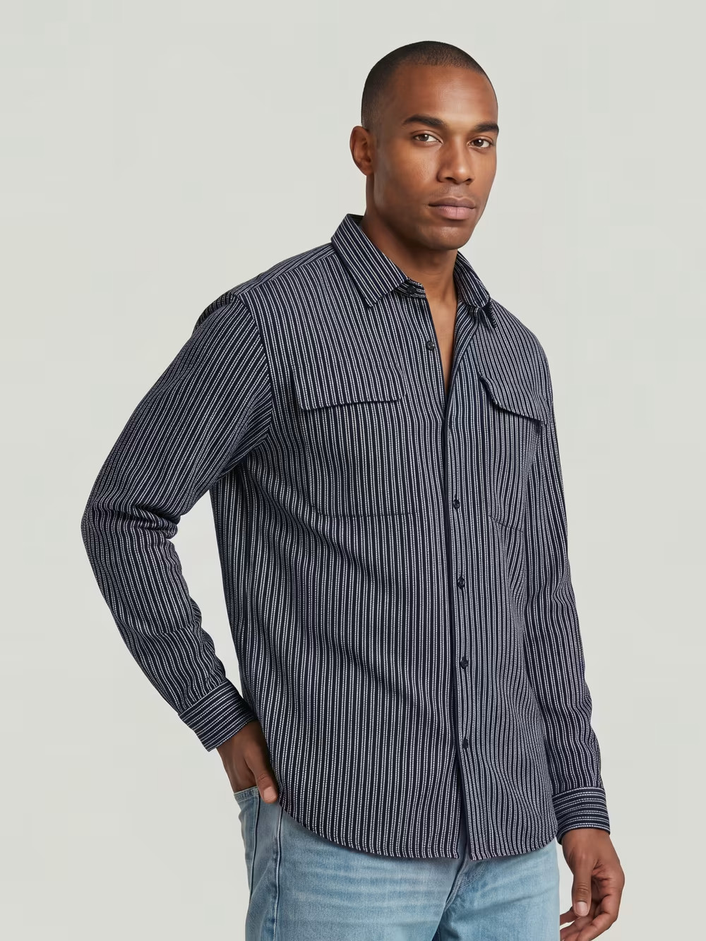 G STAR RAW Shirt Mens Large Blue White Stripe Double Chest Pocket CPO $170
