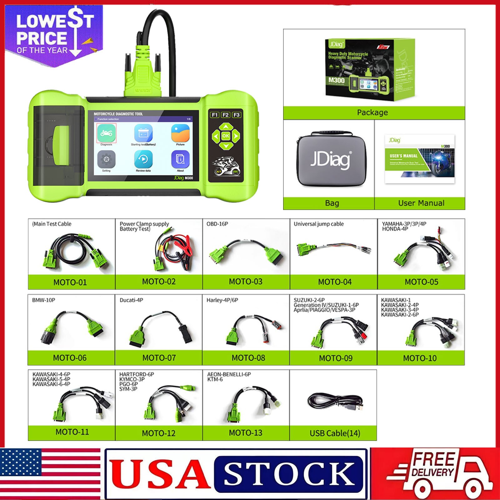JDiag M300 Motor Scanner OBD2 Motorcycle All System Diagnostic Fault Code Reader