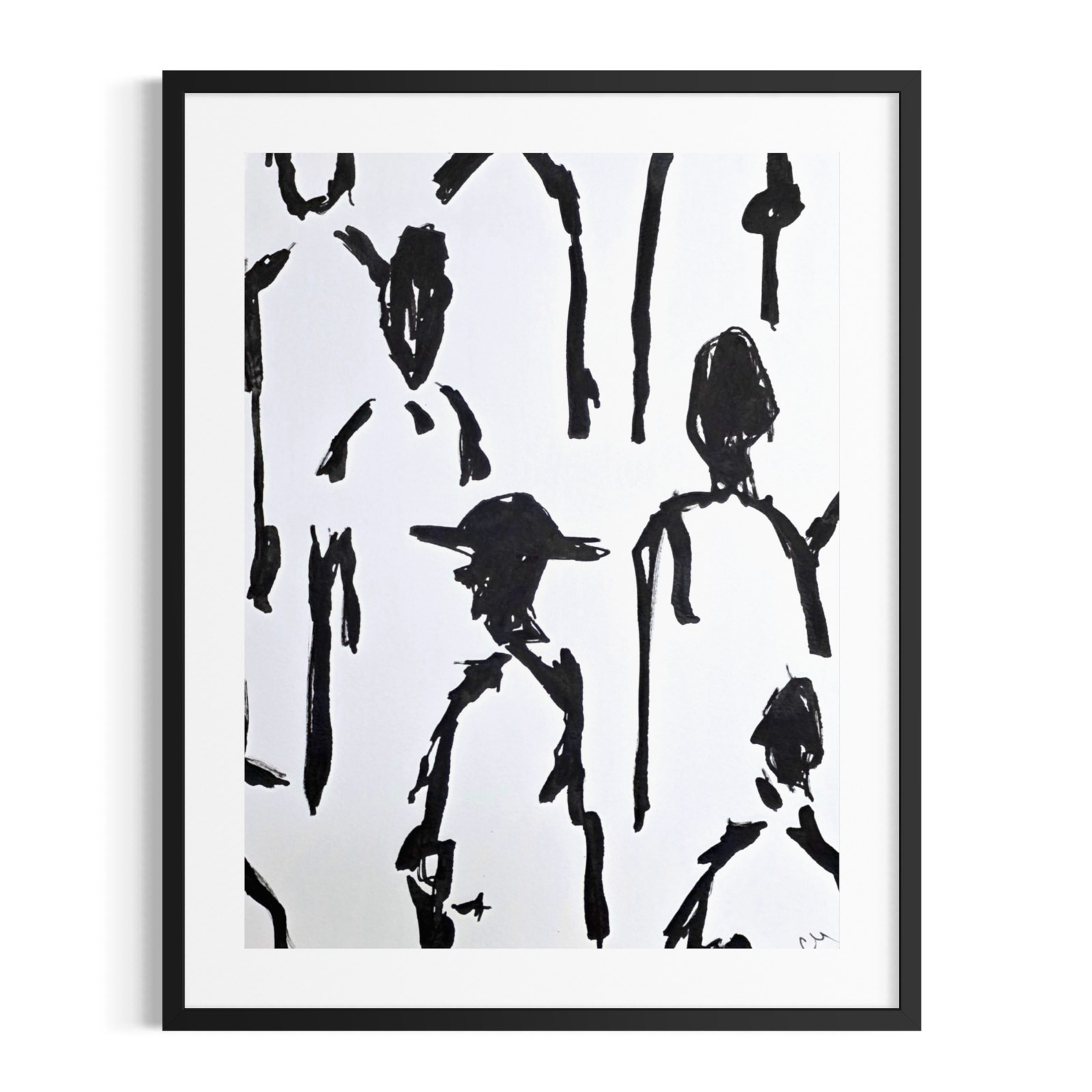 Original 9x12 Expressionist Black Ink Standing Figures Painting Signed Paper