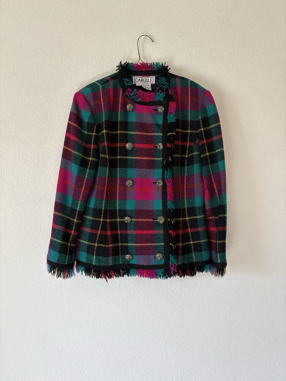 VTG Carlisle Wool Plaid Skirt Suit Set Tartan Fringe Double Breasted Jewel Butto