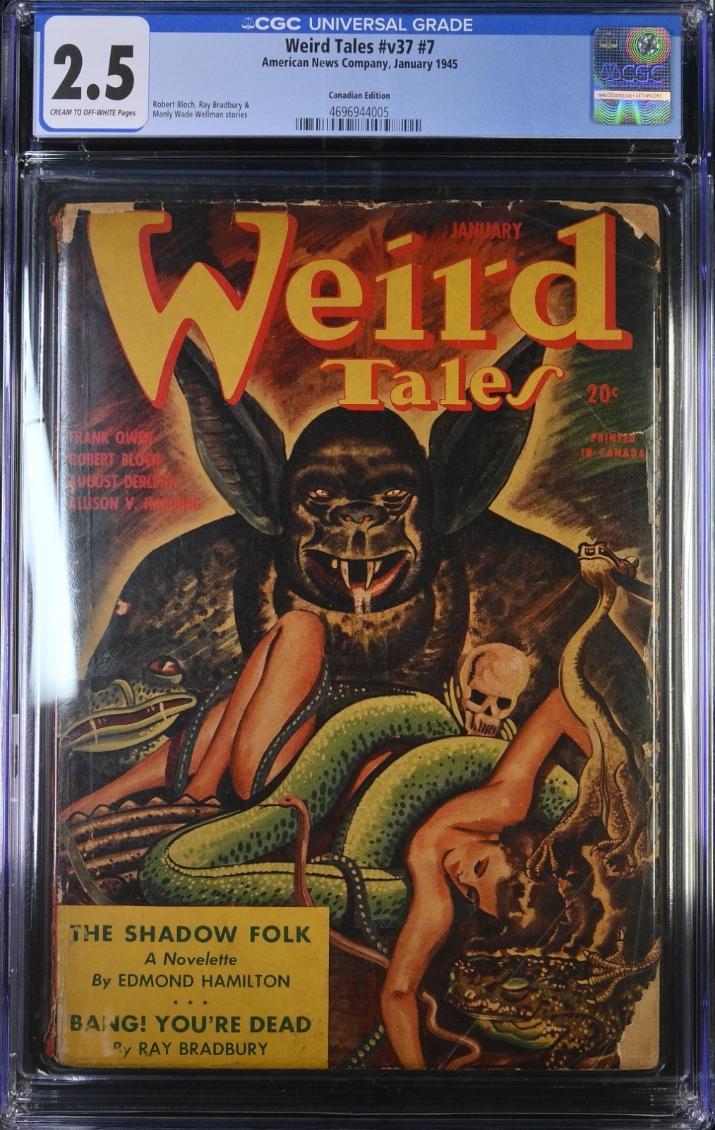 Weird Tales Jan 1945 CGC 2.5 Canadian POP 1 GGA Bondage Snake Monkey Cover Pulp Weird Tales Jan 1945 CGC 2.5 Canadian POP 1 GGA Bondage Snake Monkey Cover Pulp