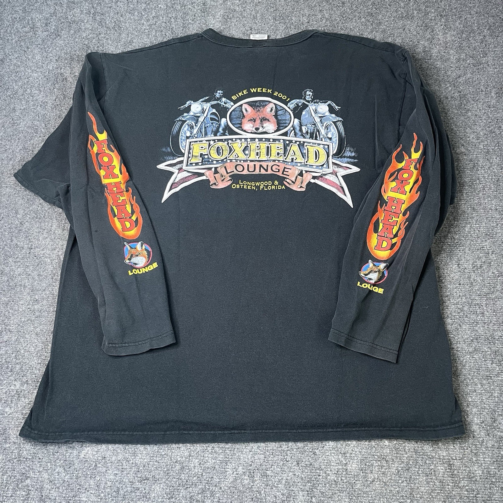 Vtg 2001 Fox Head Lounge Bike Week Biker Flame Sleeve Henley T-shirt Tee 2xl
