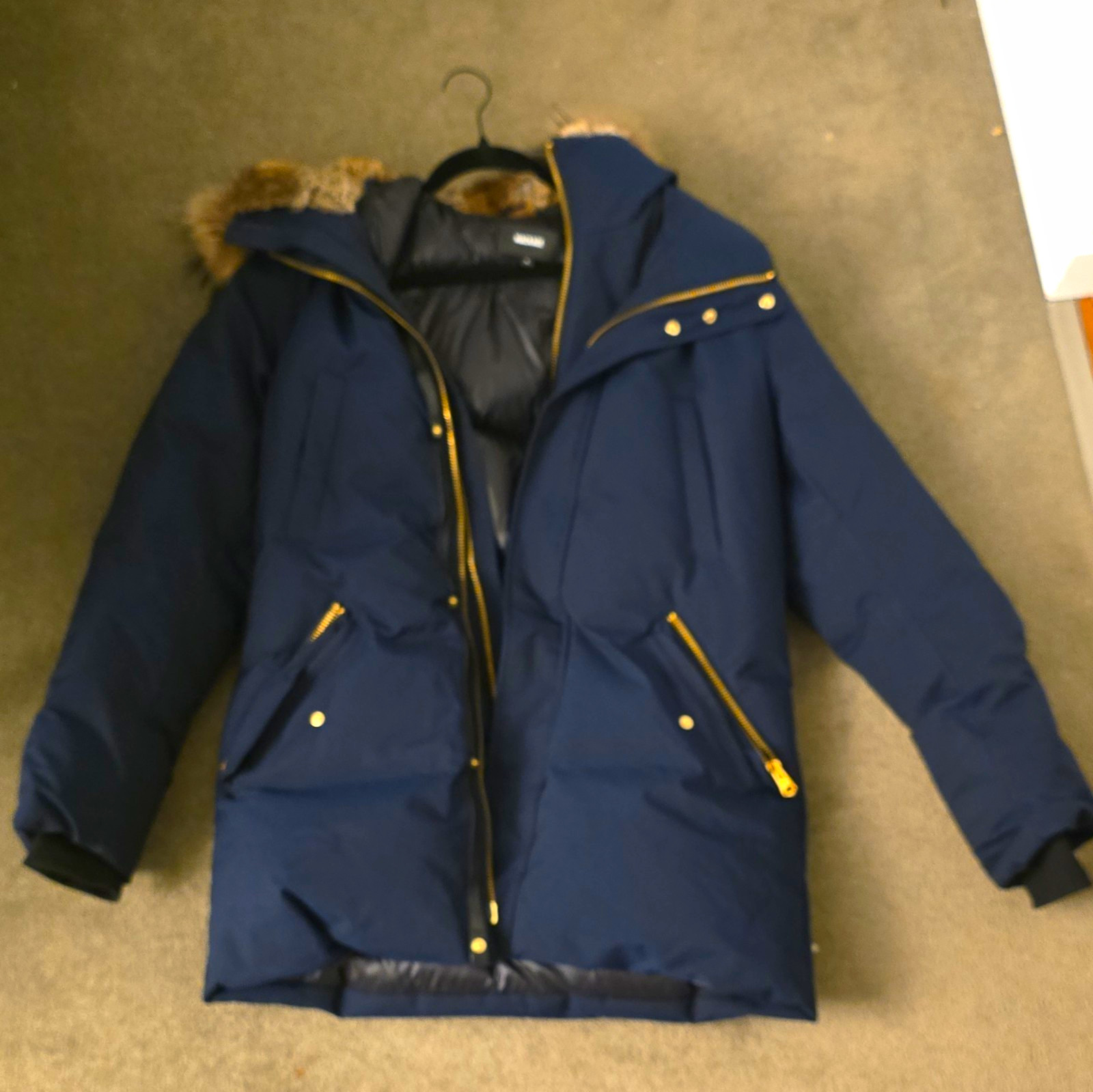 Mackage Men’s Blue Hooded Parka Jacket Fur Trim Full Zip Snap Size 38