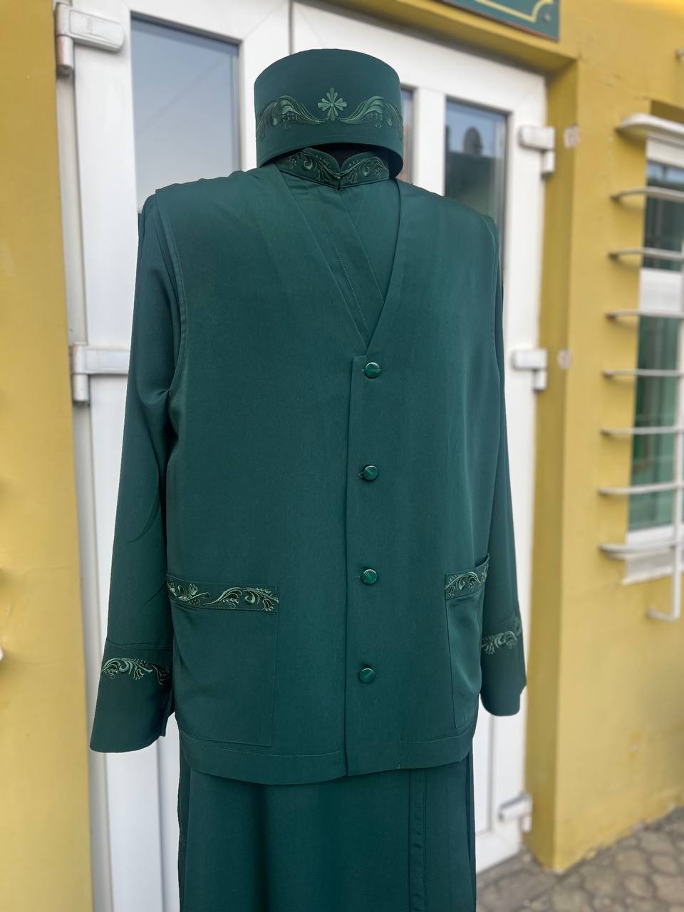 Green Orthodox set of vestments: cassock, waistcoat, skufia