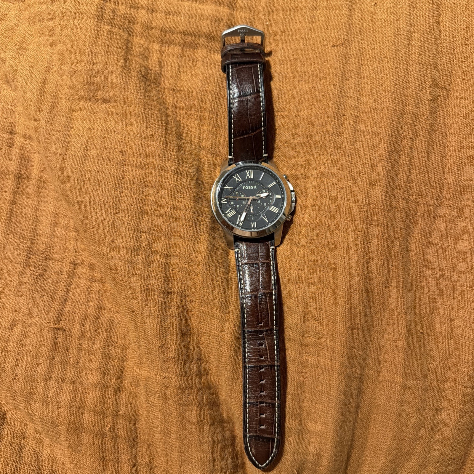 Fossil Chronograph Mens Watch Brown Leather Classic Roman Numeral Timepiece