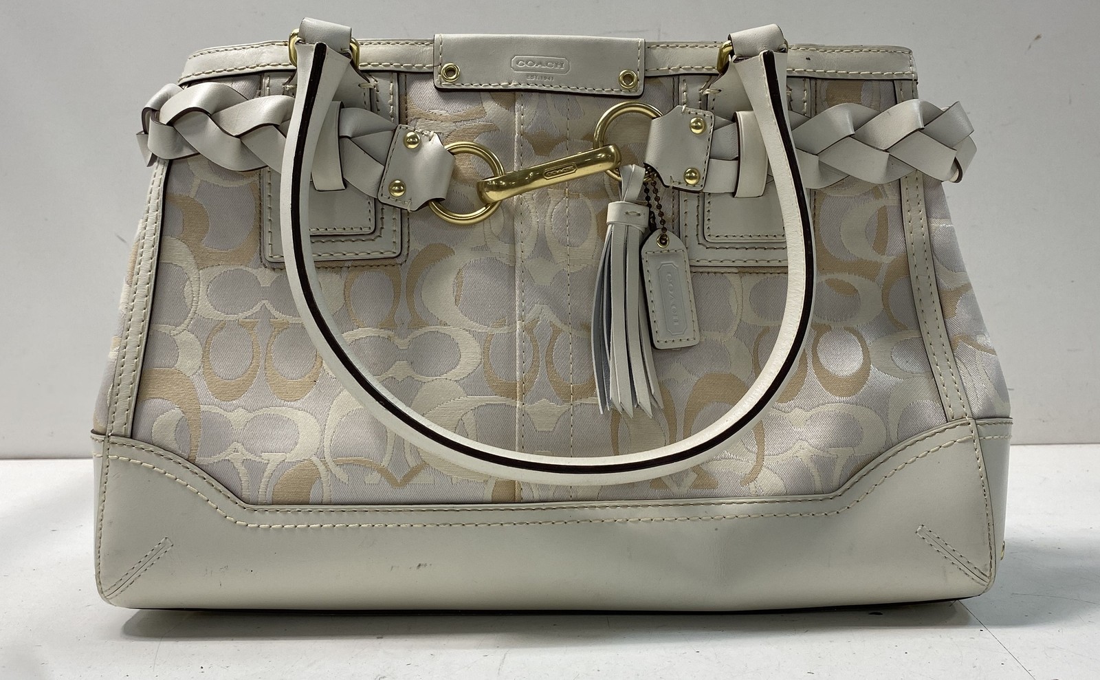 Coach White Signature Optic Satchel Bag 10786 Braided Leather Trim Vintage 00s