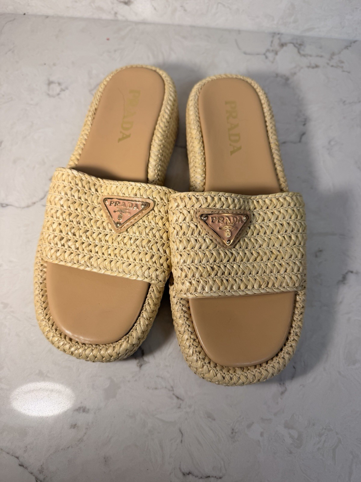 PRADA Women’s Beige Cotton Blend Logo Slide Sandals Slip On US 10.5 PRADA Women’s Beige Cotton Blend Logo Slide Sandals Slip On US 10.5