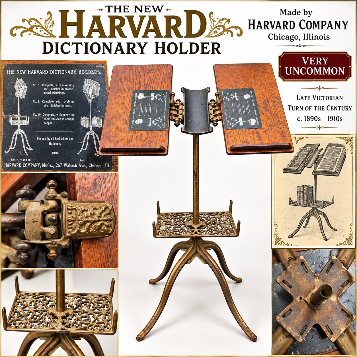 🇺🇸 Antique Victorian LAMBIE Cast Iron HARVARD Dictionary Book Stand Holder Oak